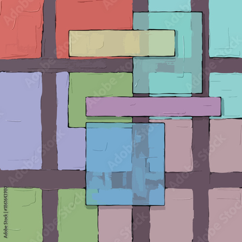 Textured Impasto Geometric Painting with Vibrant Colorful Blocks and Dark Outlines, Modern Abstract Art , Generative Ai