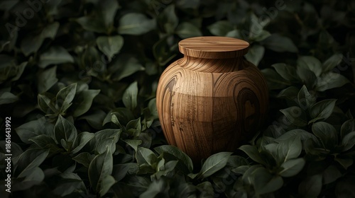 natural wood urn sits among lush green leaves. This eco friendly container represents remembrance and respect for departed loved ones. It suggests peace and a gentle return to nature