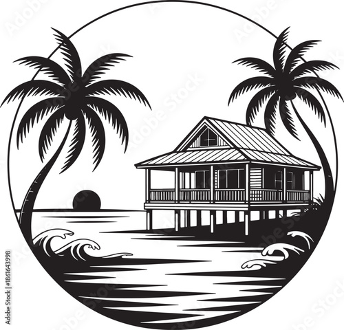 Tropical beach bungalow on stilts over water with palm trees and sunset view