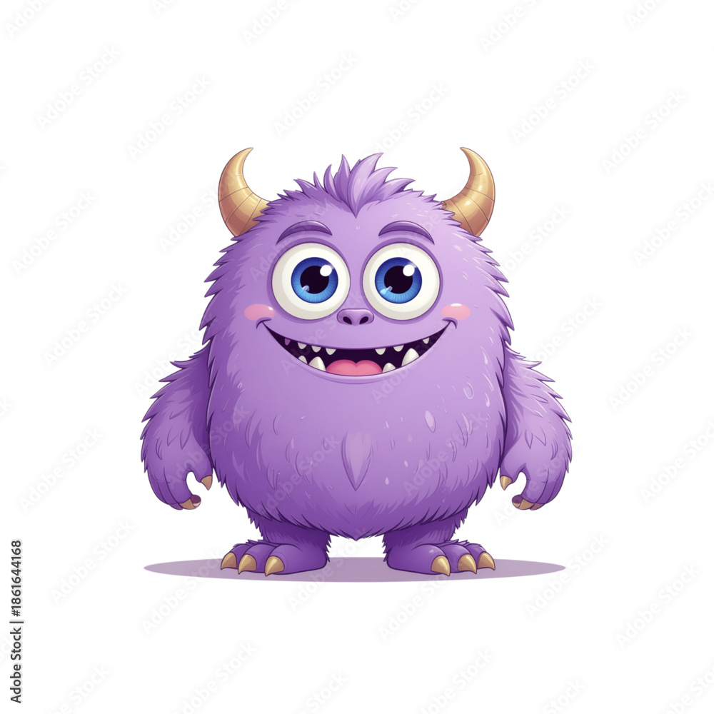 Fototapeta premium This cute cartoon monster depicts a cheerful and intelligent character with purple fur and big eyes, designed as a humorous animal for nature-themed art or Halloween.