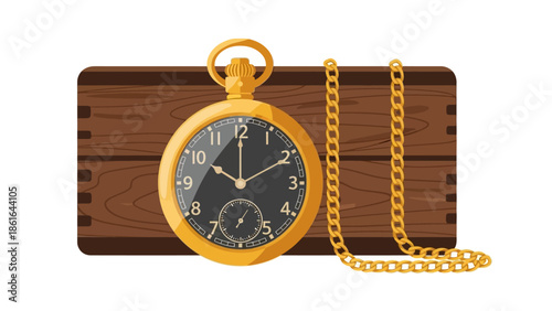 Vintage pocket watch on wooden background with gold chain