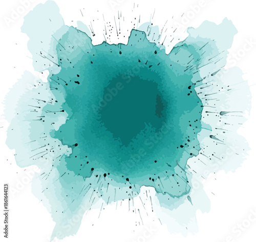 Artistic Teal Watercolor Splash with Radiating Ink Splatters on White Background, Abstract Paint Explosion , Generative Ai