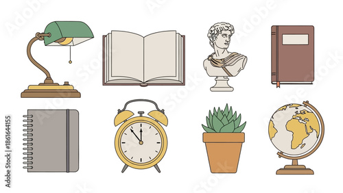 Vintage desk essentials: book, globe, and classic decor elements in line art style