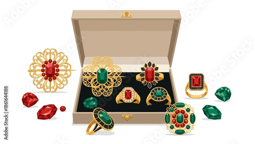 Elegant collection of vintage jewelry with gemstones in an open box
