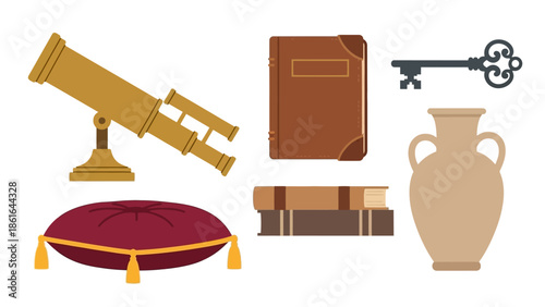 Vintage objects collection: telescope, books, key, vase, and cushion
