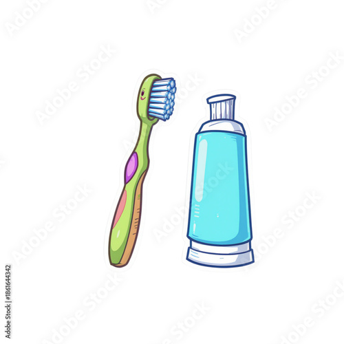 A blue plastic toothbrush with white toothpaste sits on a glass in a clean bathroom setting, providing essential dental healthcare and hygiene protection for healthy teeth