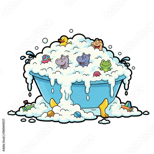 The cartoon image shows animals playing in a bathtub full of soap bubbles.