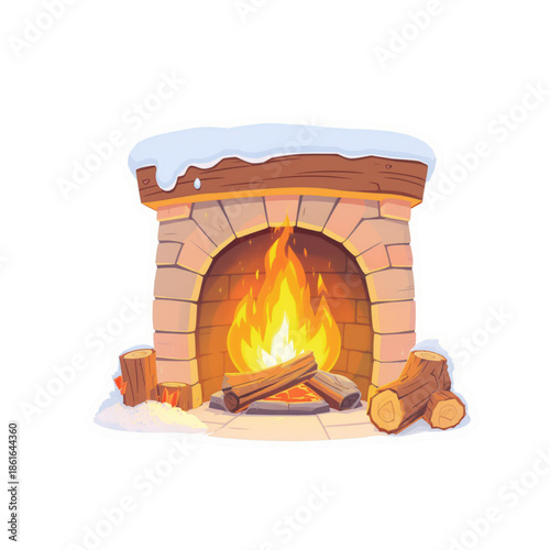 Warm burning firewood glows inside a stone brick fireplace, providing cozy heat and winter warmth to a home interior room