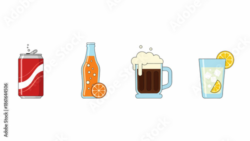 Four different types of refreshing beverages including soda, orange drink, beer, and lemonade.