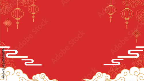 A vibrant red background with traditional Chinese lanterns and auspicious cloud patterns, suitable for Lunar New Year celebrations.
