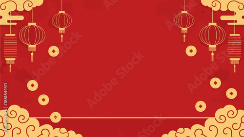 Vibrant red background with traditional Chinese lanterns, clouds, and coins, symbolizing prosperity and celebration.