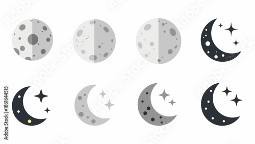 A collection of flat design icons depicting various phases of the moon and stars, illustrating celestial bodies and night sky elements.