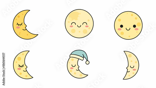 Cute cartoon moons with various expressions, including sleeping crescent moons and smiling full moons, some wearing nightcaps.