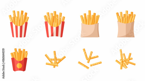 Collection of various illustrations depicting french fries in different containers and scattered.