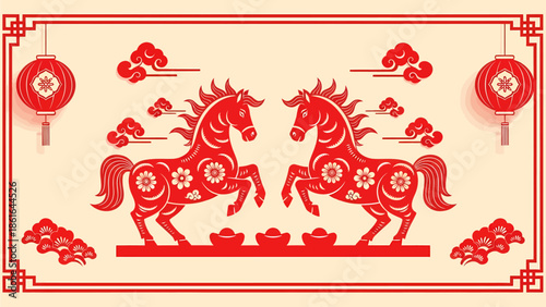 Vibrant Chinese New Year illustration featuring two red horses, traditional lanterns, and gold ingots in a festive paper-cut style.