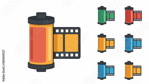 Collection of colorful film rolls and photographic film strips in a flat design style.