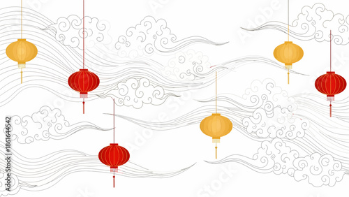 Traditional Chinese red and gold lanterns hanging with subtle cloud patterns on a white background, festive decoration.