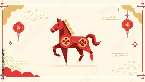 Stylized red horse illustration with Chinese New Year lanterns and traditional cultural decorations on a cream background.