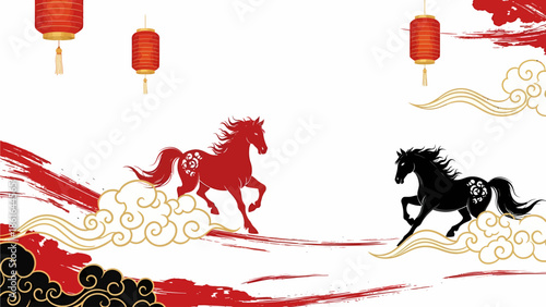 Dynamic illustration of two horses, red and black, galloping on traditional Chinese clouds with lanterns and brush strokes, celebrating cultural heritage.