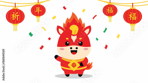 Cute red horse character celebrating Chinese New Year with lanterns and confetti.