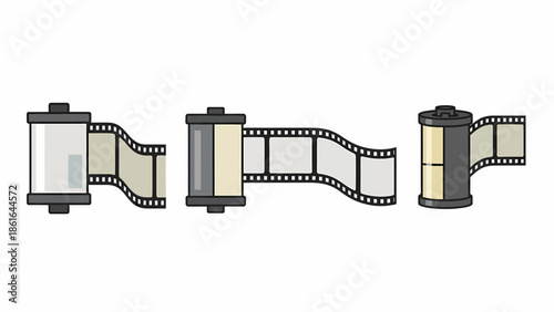 Vector illustration of three different film rolls with unspooled photographic film strips showing frames.