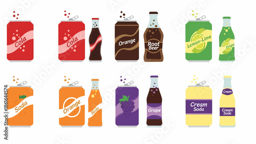 A collection of various soda drinks in different flavors, presented in both cans and bottles with bubbles.