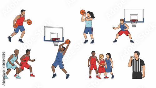 Various illustrations of people playing basketball, including dribbling, shooting, dunking, and a referee.