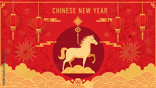 A vibrant red and gold Chinese New Year background featuring a golden horse, lanterns, fireworks, and traditional patterns, celebrating the Year of the Horse.