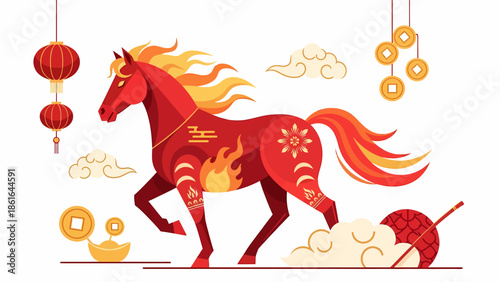 Stylized red horse with fiery mane and tail, surrounded by Chinese lanterns, gold coins, and traditional cultural elements.