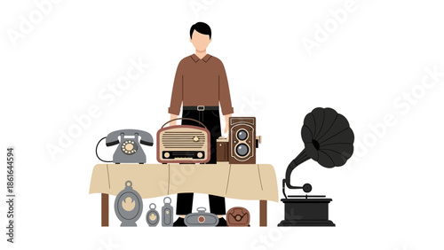 Retro collectibles display table with vintage radio and gramophone