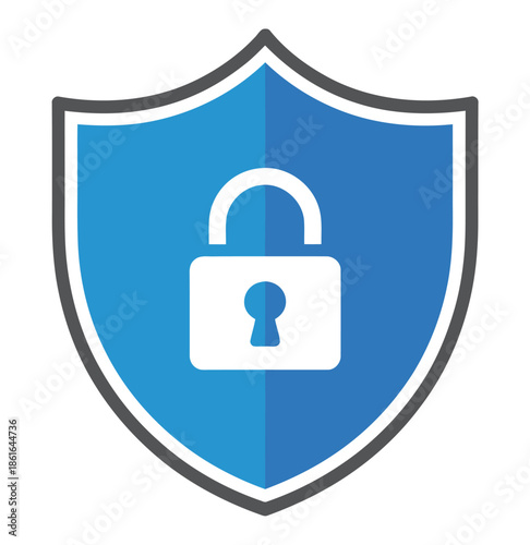 A blue shield with a white padlock symbol represents security and protection.