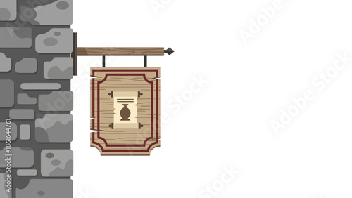 Vintage tavern sign hanging on stone wall in flat style