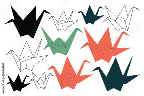A collection of origami paper cranes in various colors and styles.