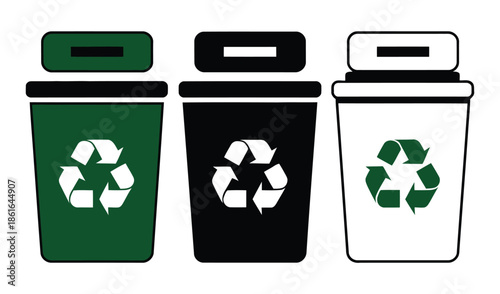 Three recycling bins are shown with recycling symbols on a white background.