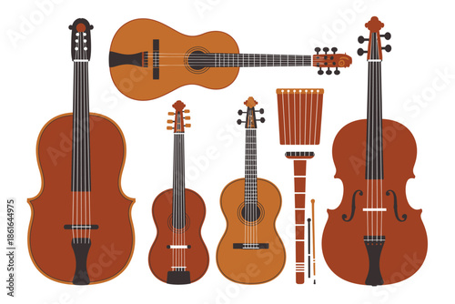 A collection of various string and percussion instruments are displayed against a white background.