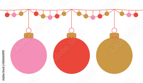 Three festive Christmas ornaments hang from a string of lights.