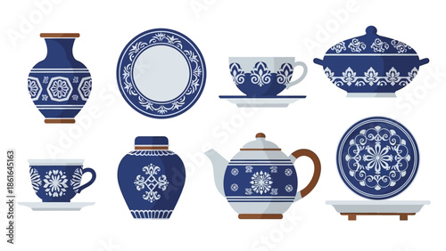 Traditional blue and white porcelain tea set with intricate floral patterns