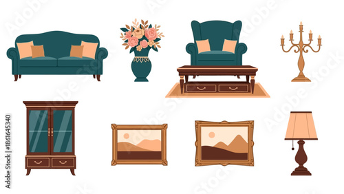 Elegant living room decor collection featuring furniture and accessories