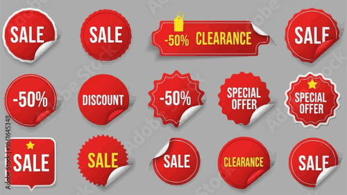 Collection of Red Sale and Discount Stickers and Labels.