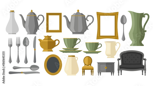 Elegant vintage tea set and furniture icons in flat design