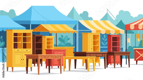 Colorful outdoor market with wooden furniture booths and tents on a sunny day