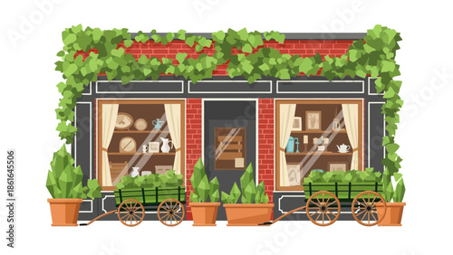 Charming storefront with vines and potted plants in flat style