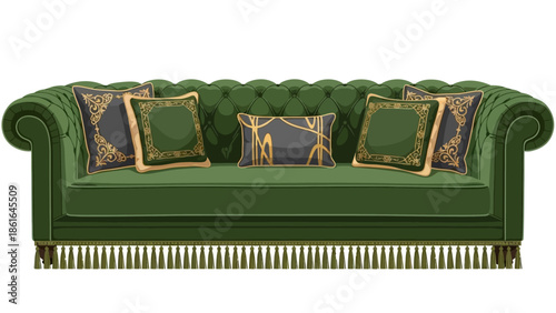 Luxurious green sofa with ornate pillows in classic interior design