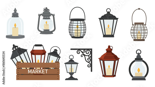 Vintage lantern collection with lit candles in rustic style