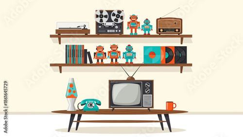 Vintage living room style with retro robots, vinyl records, and classic electronics
