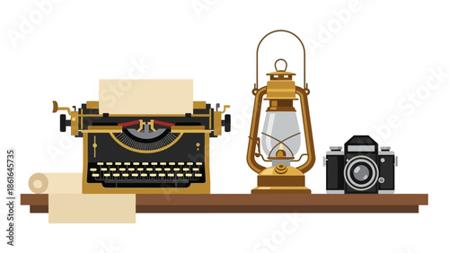Vintage desk items: typewriter, lantern, and camera in flat design