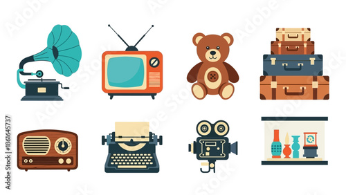 Vintage collection: retro gadgets and decor items in flat design
