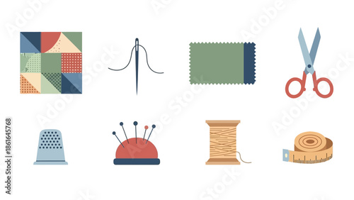 Sewing tools set: needle, thread, scissors, and patterns in flat design