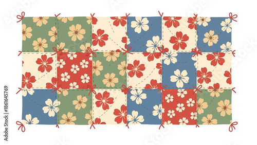 Floral patchwork design with vintage colors and decorative stitches