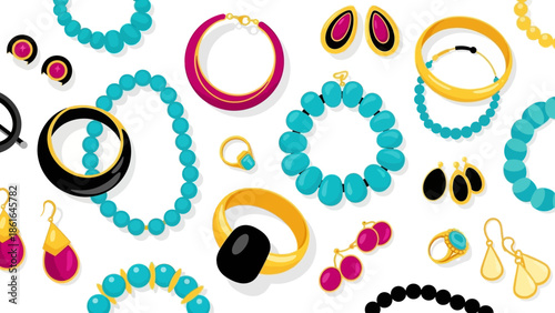 Elegant jewelry pattern with colorful necklaces, bracelets, and earrings in flat design